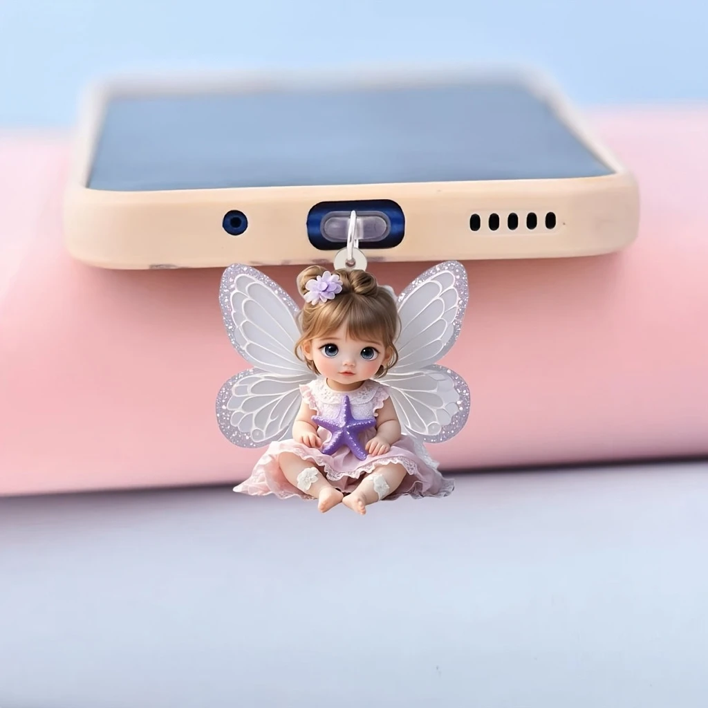 Bonito anjo bebê telefone poeira plug chaveiro acrílico 2d pingente plano para iphone samsung tipo-c interface poeira plug acessórios decoração