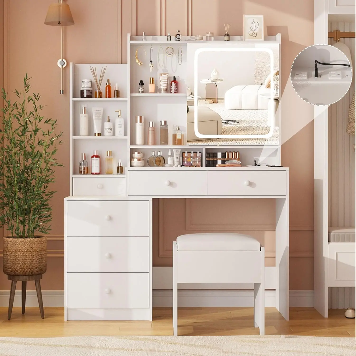 Vanity Makeup Mirror Desk with Stool, Makeup Vanity Set with 6 Drawers and Shelves, Vanity Table with Power Strip,Customized