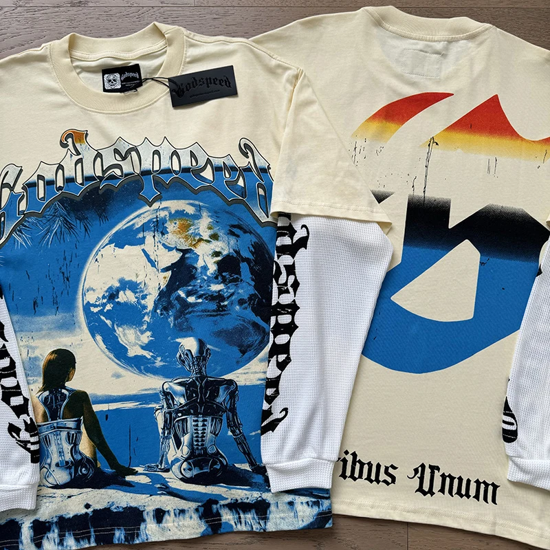 

New 2025 Godspeed Splice Long-sleeved T-shirt High Street HipHop Brand Apricot Summer Casual Loose Print Cotton