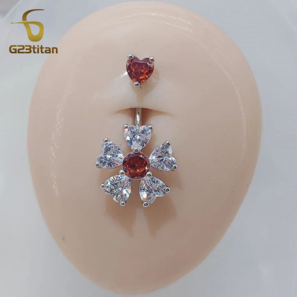 G23titan Red Zircon Flower Belly Button Ring 14G Surgical Titanium or Steel Barbell Bar Piercing Women Accessories Navel Jewelry