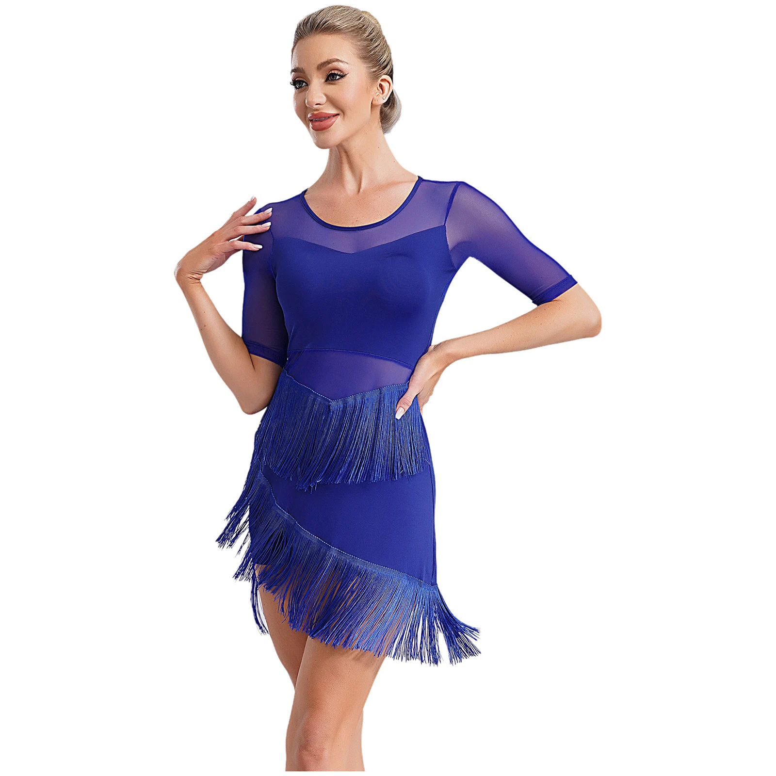 Womens Fringe Latin Dance Performance Costume Half Sleeve Dress with Tassels with Shorts Sways Sheer Mesh Irregular Dance Dress