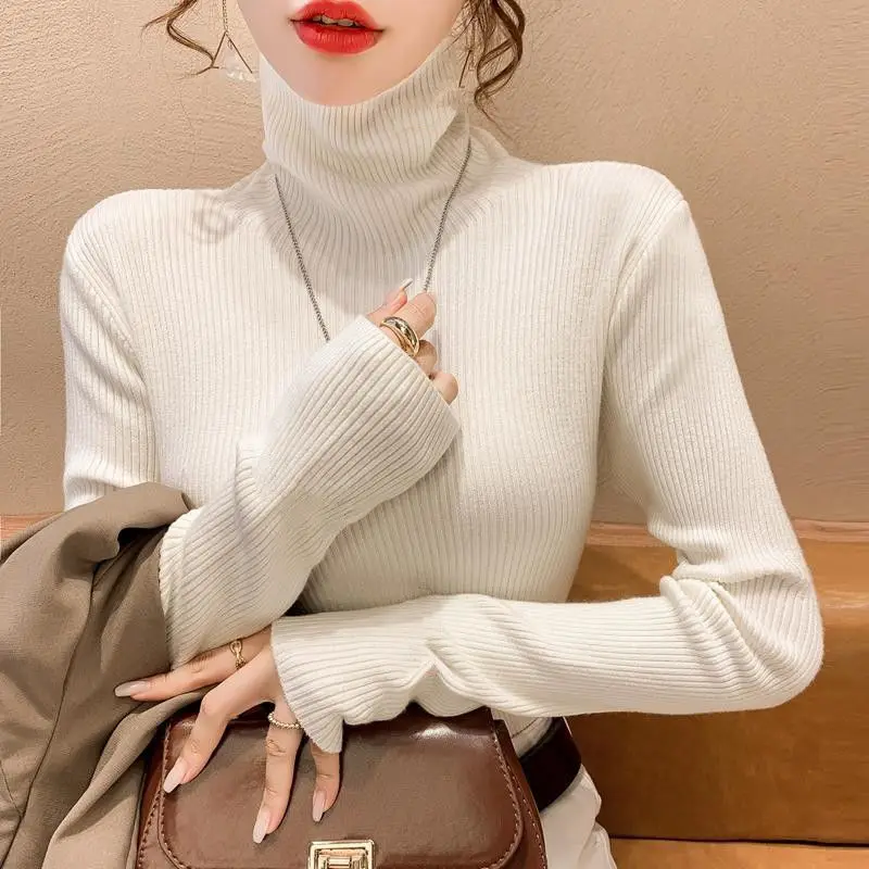 Solid Color Turtleneck Sweater Women's Autumn and Winter 2023 New Fashion Bright Line Decoration Long Sleeved Slim Pullover Tops