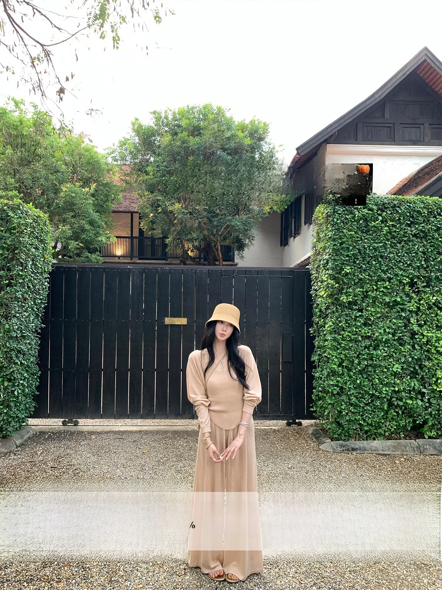

Ouyang Today Dress up Linen Airy Three-piece Set Casual Loose Fit Long Sleeve Low Collar Knitted Sweater Ensemble