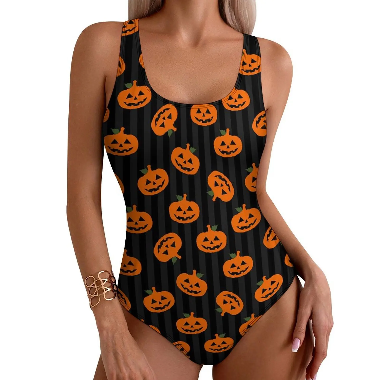 Halloween Pumpkin Swimsuit Sexy Stripes Print One Piece Swimwear Push Up Swimsuits Stylish Surfing Bathing Suits