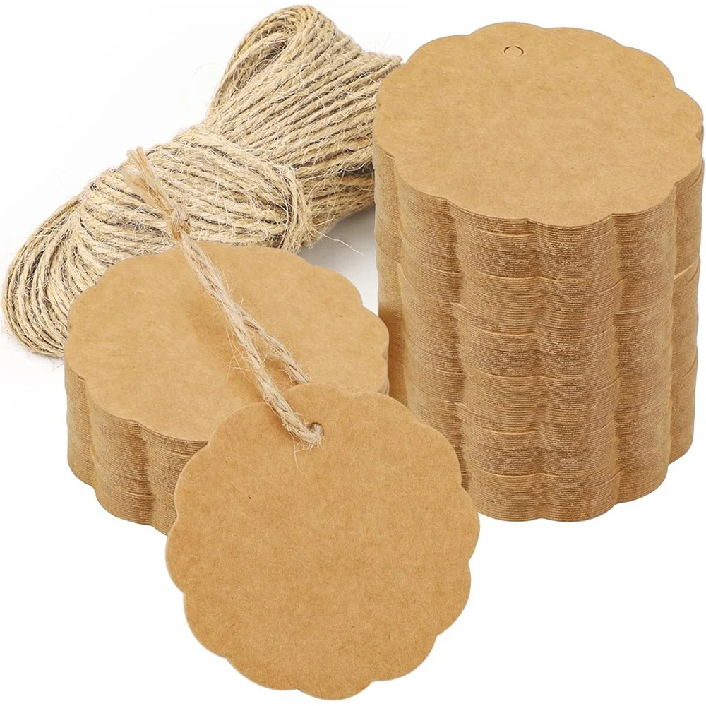 

Christmas Gift Label, Brown Round Wavy Thick Kraft Paper Blank Tag, Flax-colored Hemp Rope, Gift Packaging Tag, Party Decoration