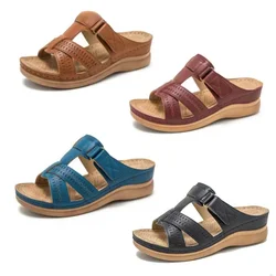 2024 Women Wedge Sandals Premium Orthopedic Open Toe Sandals Vintage Anti-Slip Leather Casual Female Platform Retro Shoes 35- 43