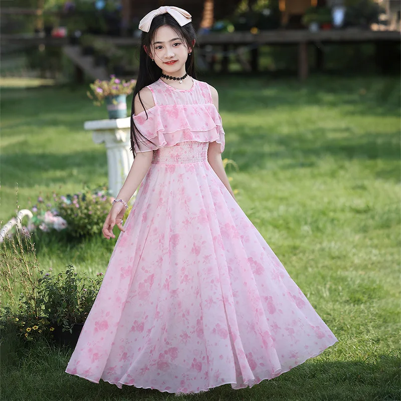 Children Girls Dress UNITIM Summer 4-14Yrs Kids Girls Princess Dress Junior Girls Floral Print Short Sleeve Dress Chiffon Dress