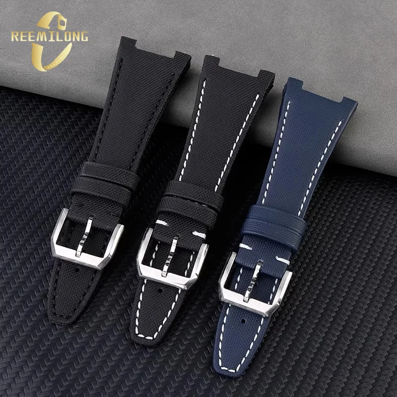 Nylon with cowhide bottom watch strap 28*19mm Notch interface black blue white lines watchband For IWC Ingenieur IW500501 IW3785