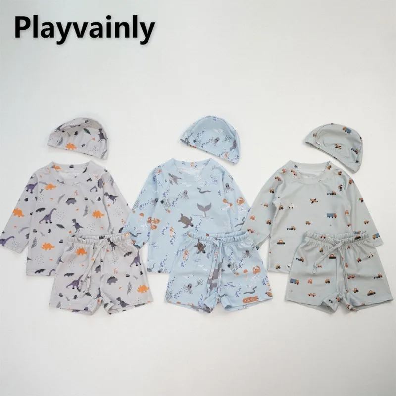 Children's Split Swimsuit Cartoon Print O-neck Long Sleeve Pullover Top+Flat Angle Swim Trunks Kids Hot Spring Swimwear A24078