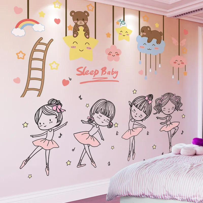 

Bear Animals Clouds Stars Wall Stickers DIY Ballet Girl Wall Decals for Kids Bedrooms Kindergarten Nursery Home Decoration