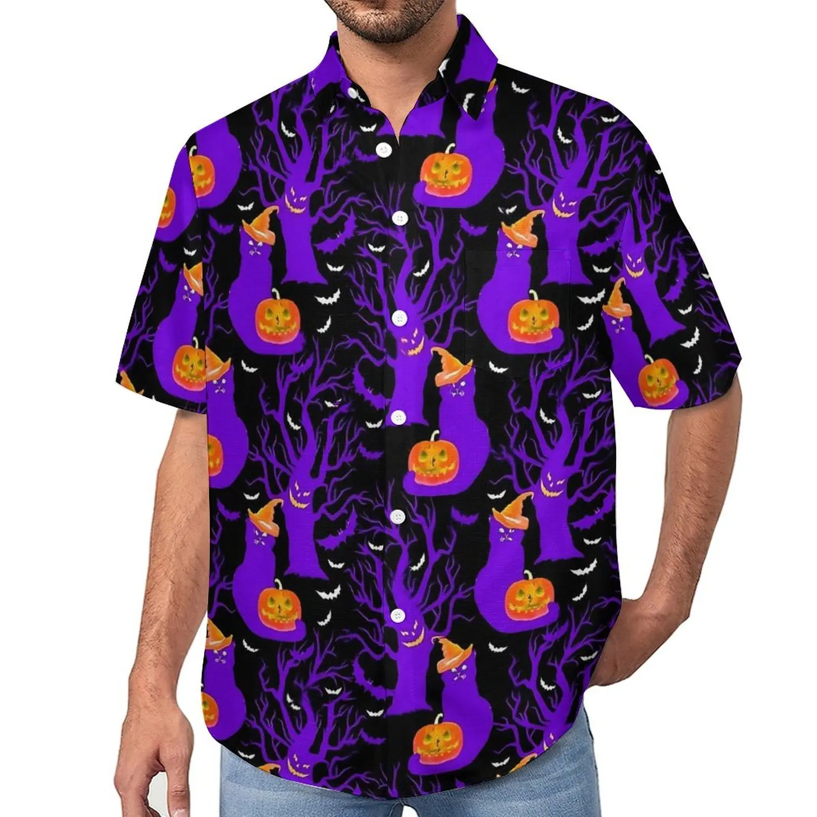 

Pumpkins Ghost Cat Vacation Shirt Happy Halloween Hawaiian Casual Shirts Men Trendy Blouses Short Sleeve Design Tops Plus Size