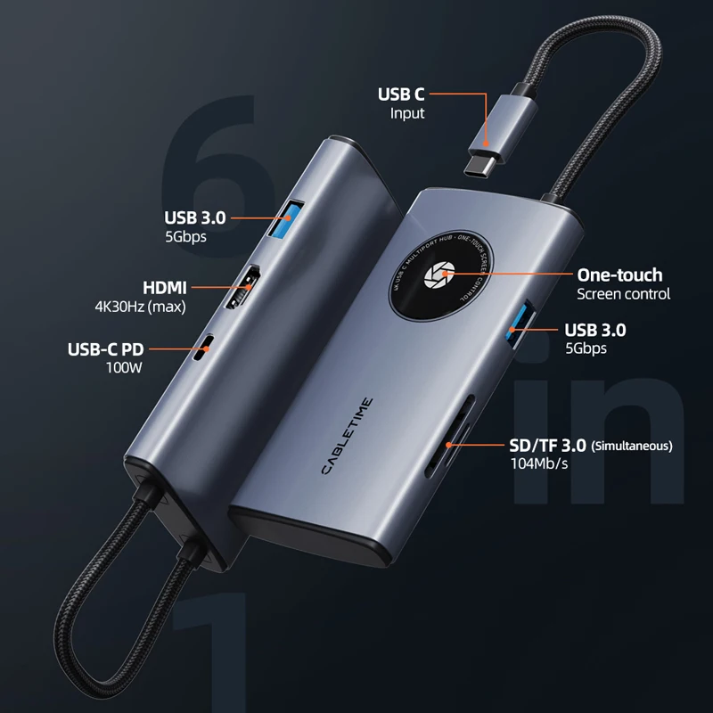 CABLETIME 6 IN 1 Multiport USB C HUB One-Touch 4K@30Hz 5Gbps Transmission PD100W for Laptop Macbook DELL Lenovo