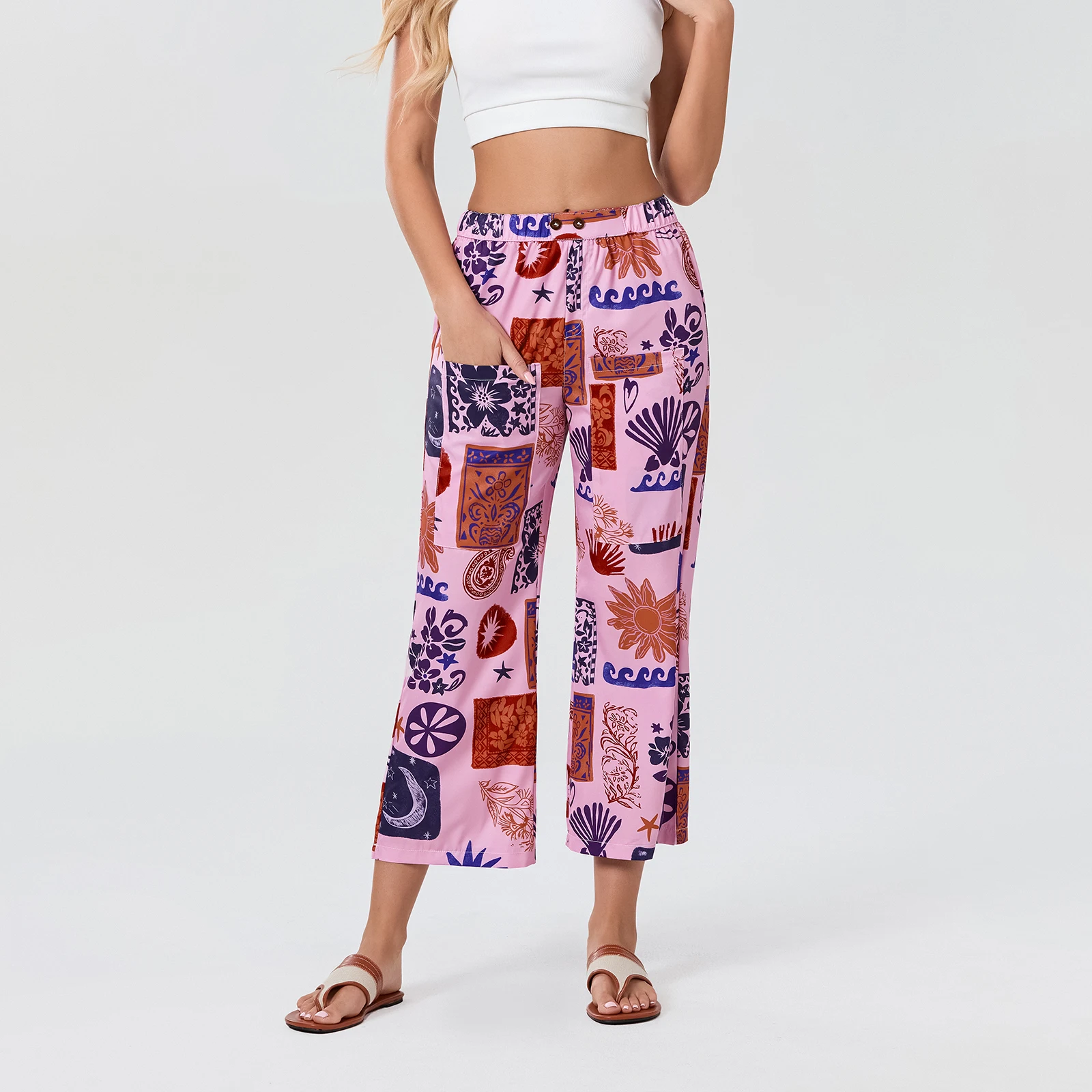 Pantalon à jambes larges imprimé vintage pour femmes, bande élastique adt, longueur mollet, fjStreetwear pour bas décontractés 03/Lounge