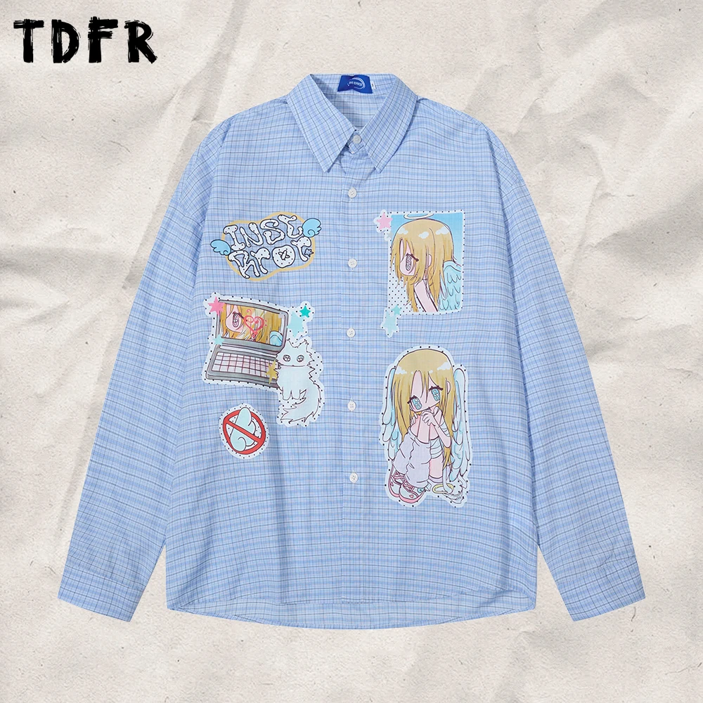 Cartoon Print Plaid Shirts Mens Autumn Two-dimensional Loose Long Sleeved Single Breasted Lapel Shirts Man