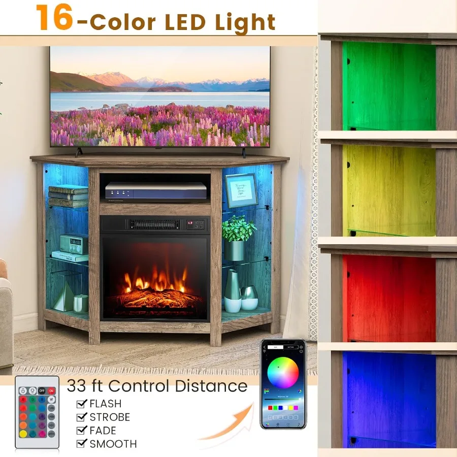 Perapian Listrik Modern dengan Rak TV Sudut, Lampu LED 16 Warna, 3 Tingkat Kecerahan, Kontrol Remote dan Aplikasi