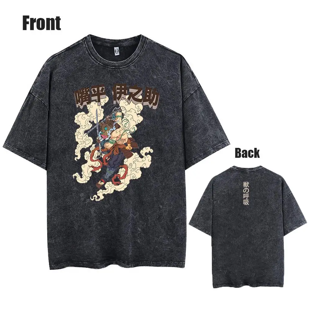 Harajuku Demon Slayer Grafik T-Shirt Herren Vintage Oversized Anime Washed T-Shirts für Männer Streetwear T-Shirt