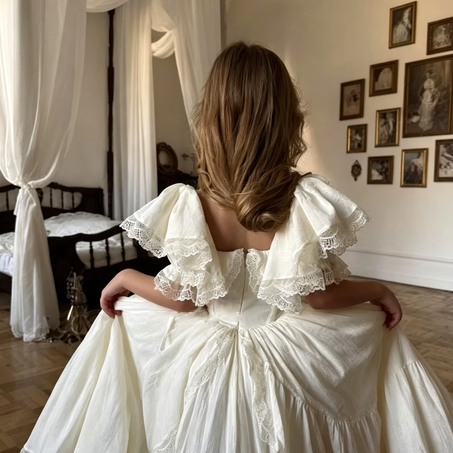 Customized Flower Girl Dress For Wedding Lace Bow Short Sleeve Floor Length Elegant Kids Birthday Party First Communion Gown