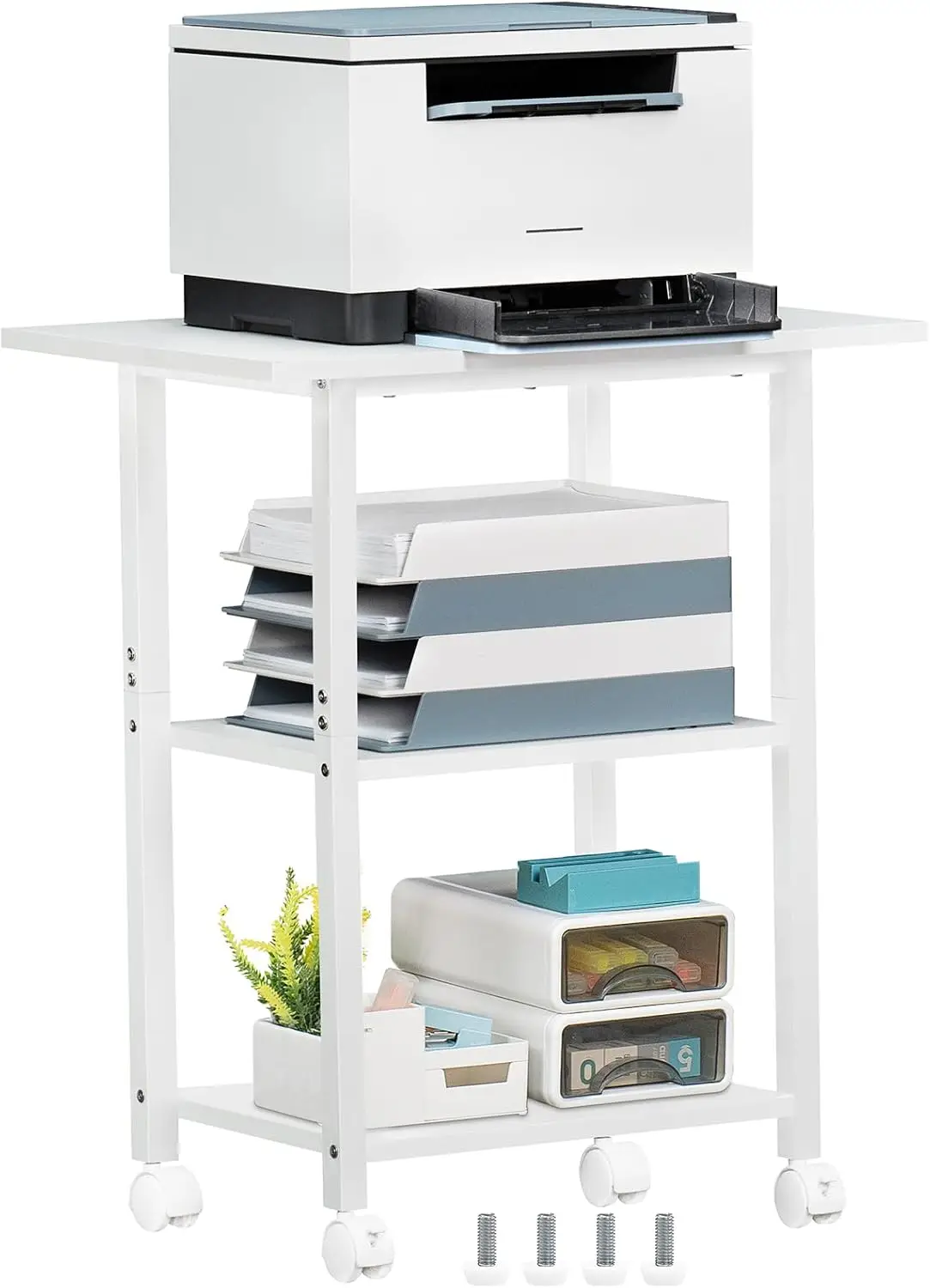 

3-Tier Mobile Printer Stand with Storage Shelf, Lockable Wheels for Home Office Use
