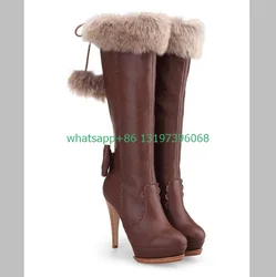 Lady bowtie fur design knee boots platform vintage color stiletto heel boots daily causal winter boots feather fur boots size 46