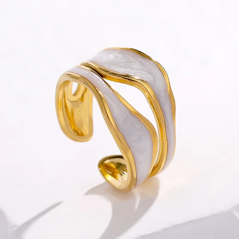 Modern abstract wave enamel open ring, adjustable double-layered gold jewelry drip ring, suitable for daily wear by women