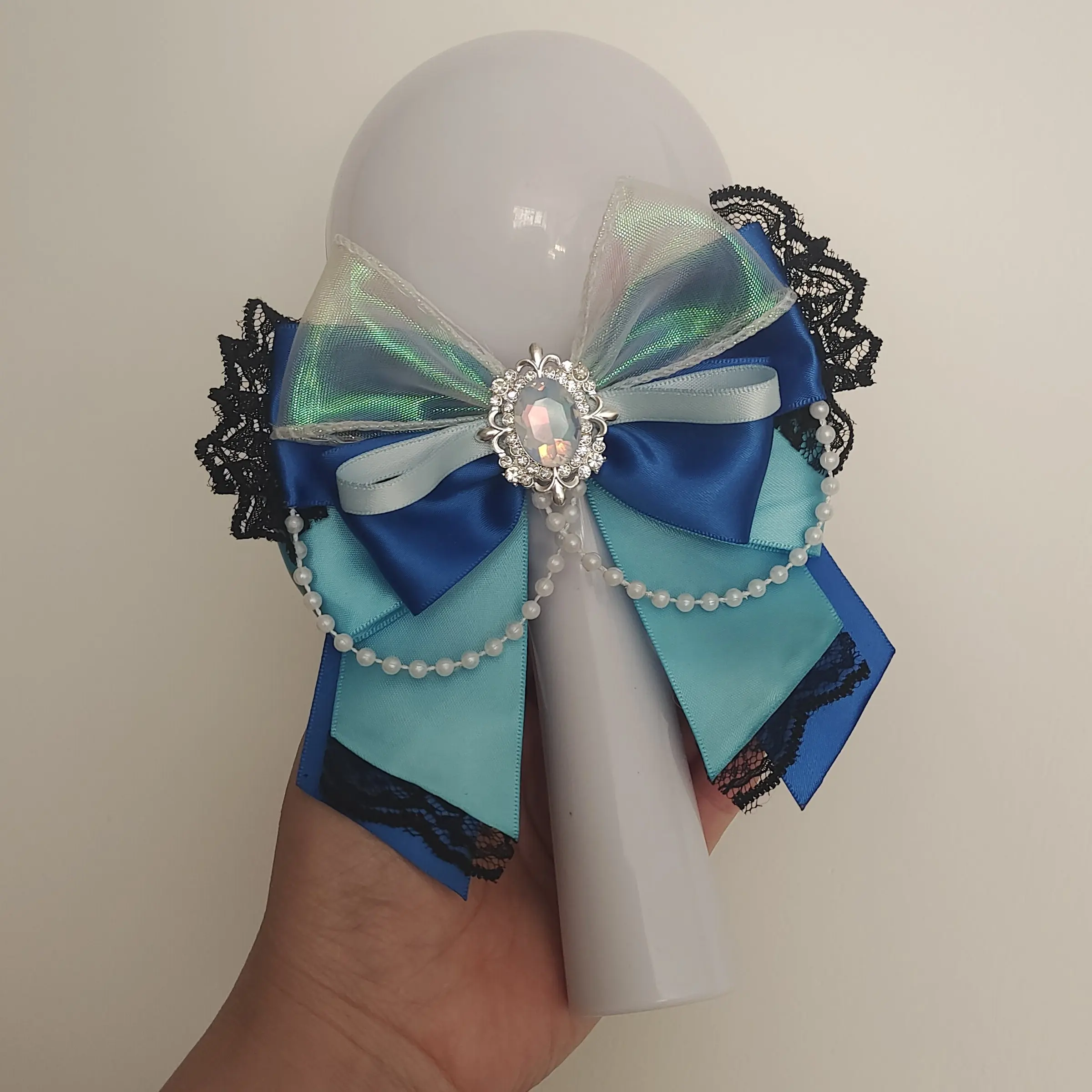 Cute Rhinestone and Pearl Tassel Laser Bow Concert Cheering Stick Charm Lolita Women's Dress Shirt Handmade Brooch and Bow Tie