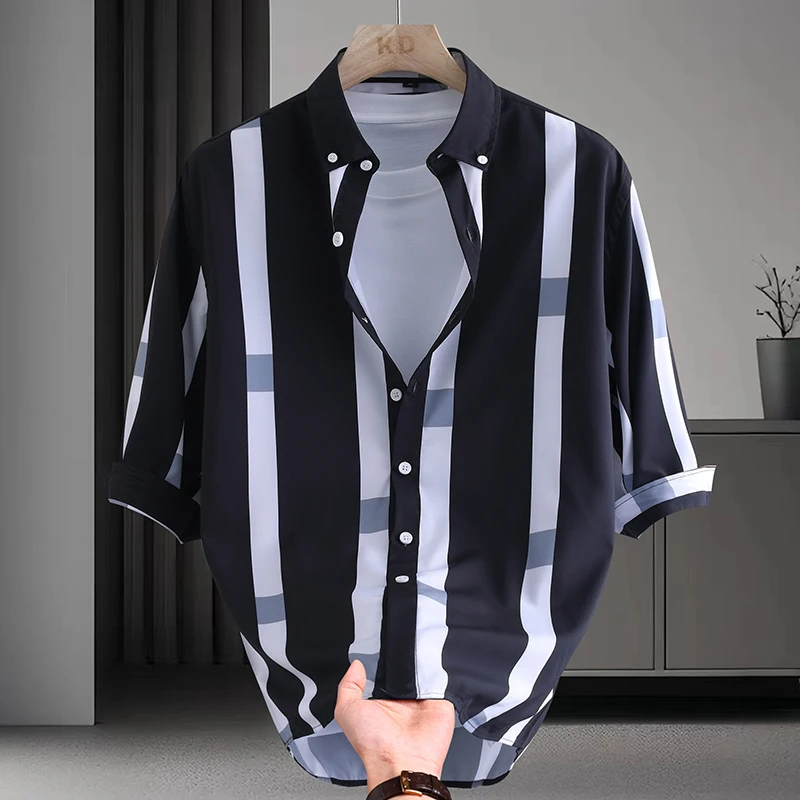 

Brand Contrasting Stripes Men's Shirt Summer Half Sleeve Loose Casual Shirts Trend Business Formal Shirt Social Men Clothing