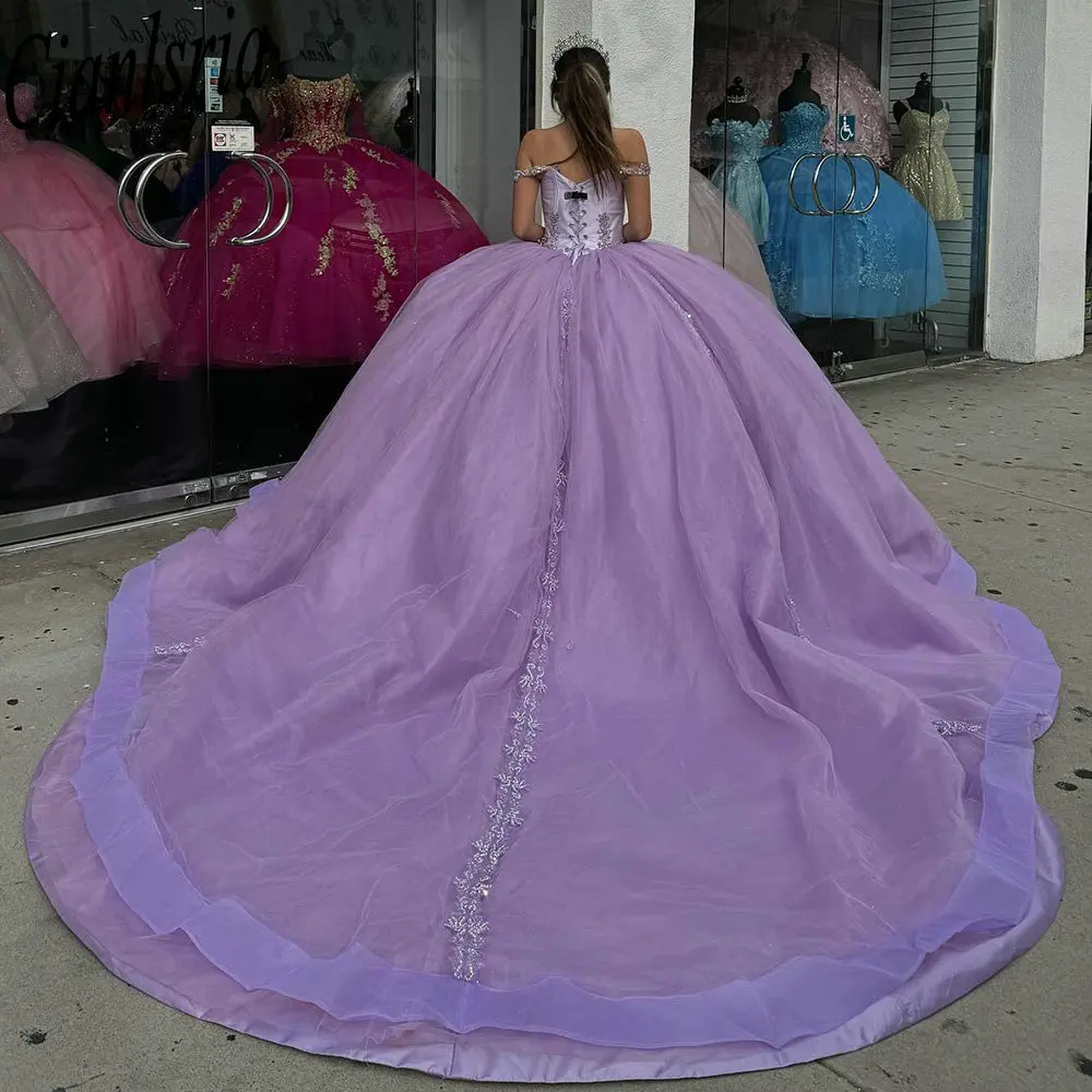 Lilac Pearls Beading Crystal Ball Gown Quinceanera Dresses Off The Shoulder Appliques Lace Sweet 16 Vestidos De 15 Anos