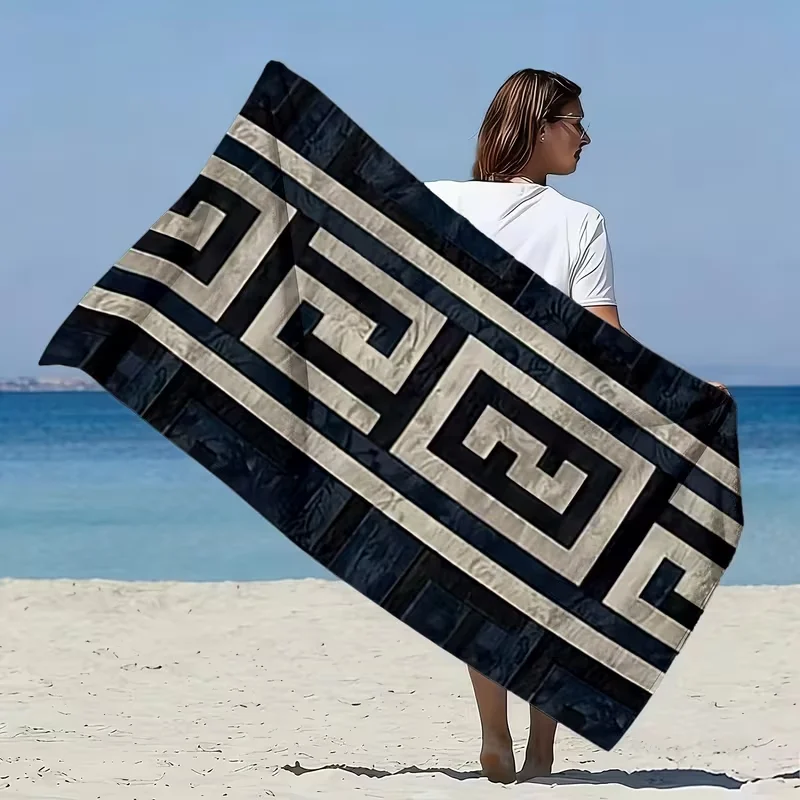 Geometric Greek Key Beach Towel Luxury Minimalist Line Pattern Quick Dry Sandproof Absorbent Towel for Beach Travel Vacation
