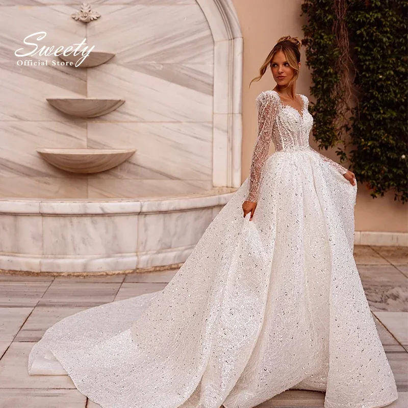 

Luxurious Wedding Dress Organza With Embroidery Bead Ball Gown Full Sleeve O-Neck Fully Bead Customized Lace Up Vestido De Novia