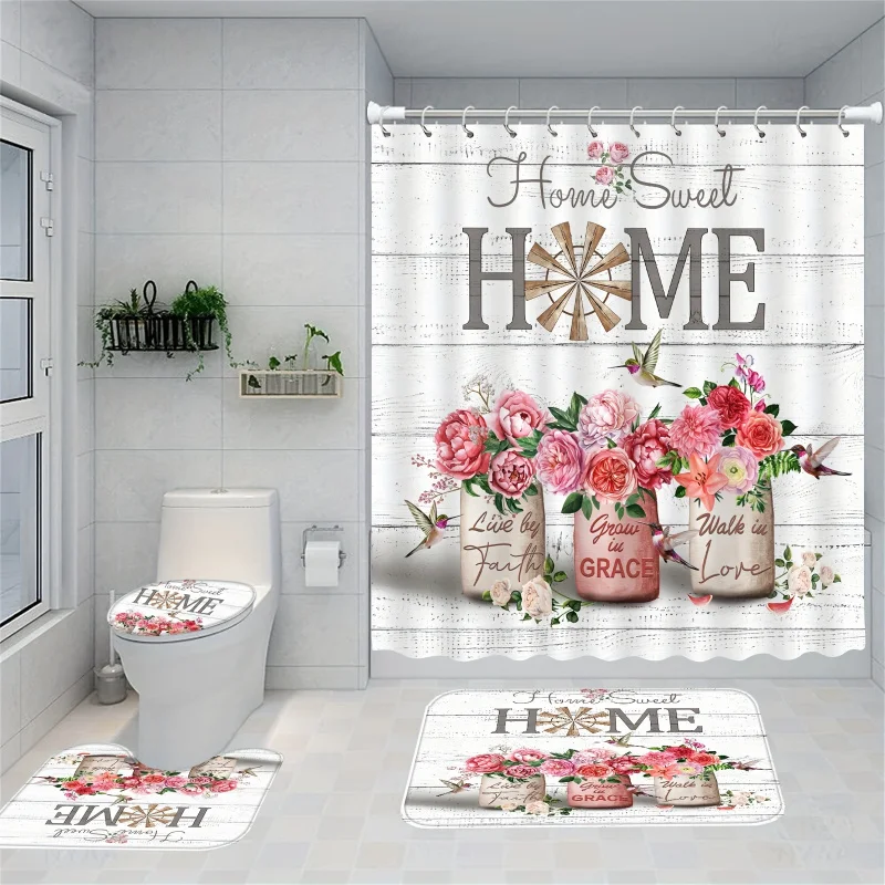 1/4pcs Vase Flower Printed , Bathroom Decorative Set Including Waterproof Shower Curtain, Anti-slip Mat, Toile