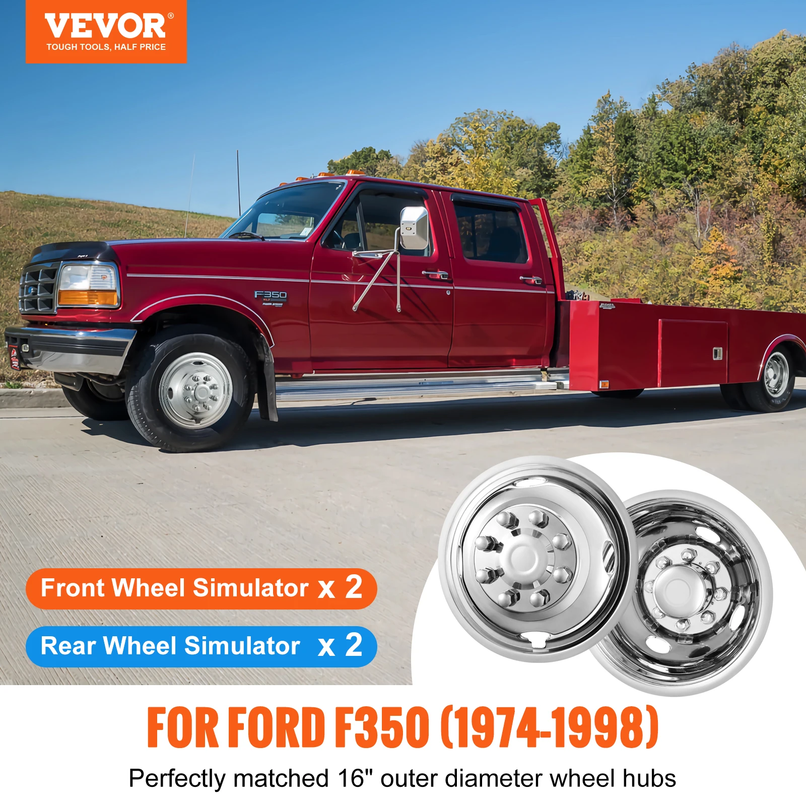 VEVOR Wheel Simulators Stainless Steel Wheel Simulator Kit with 2 Front and 2 Rear Wheel Covers Fitfor Ford F350 (1974-1998)