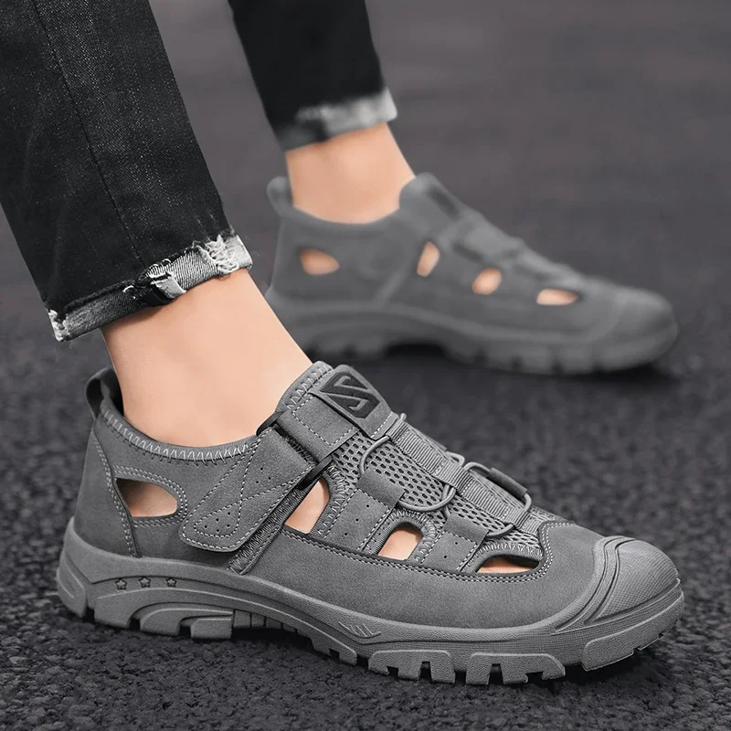 Vintage Leather Men\'s Outdoor Beach Shoes Summer Sandals Comfortable Mesh Casual Shoes Men\'s Shoes Flat Shoes Casual Breathable