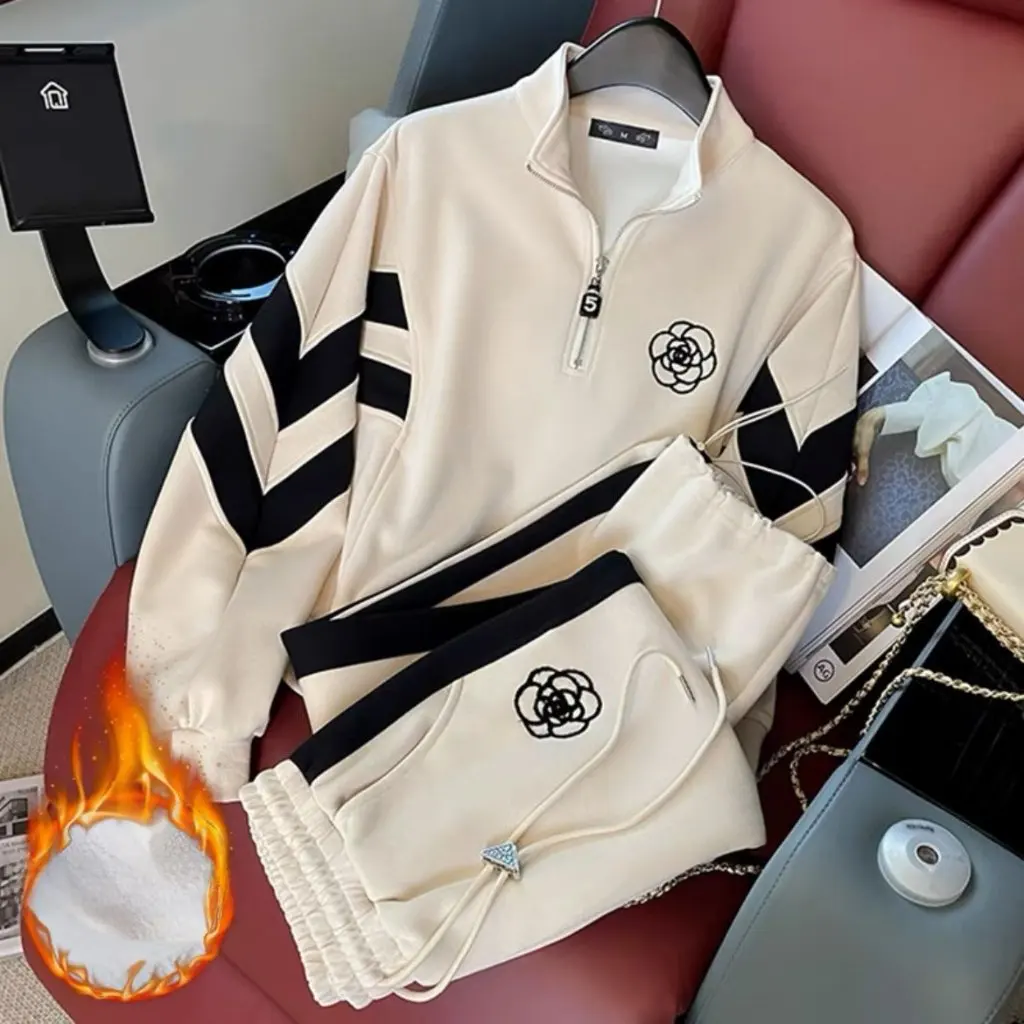 

Women's Fleece-Lined Two-Piece Set Casual Sportswear Suit Loose Fit Korean Fashion Age-Reducing Sweatshirt for Autumn Winter