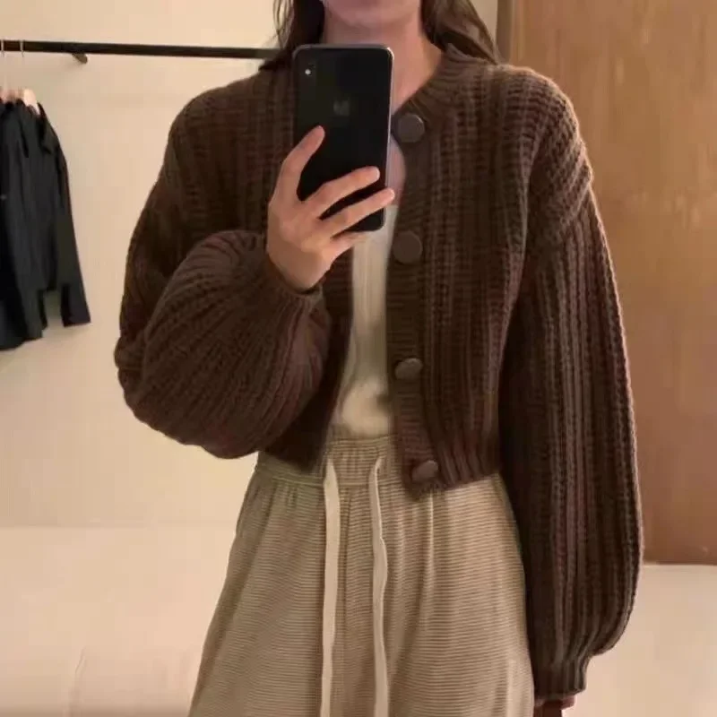 

2025 Women Warm Single-Breasted Versatile Sweater Fall Winter Knitted Short Cardigan Female Solid Loose Fit Long Sleeve Coat
