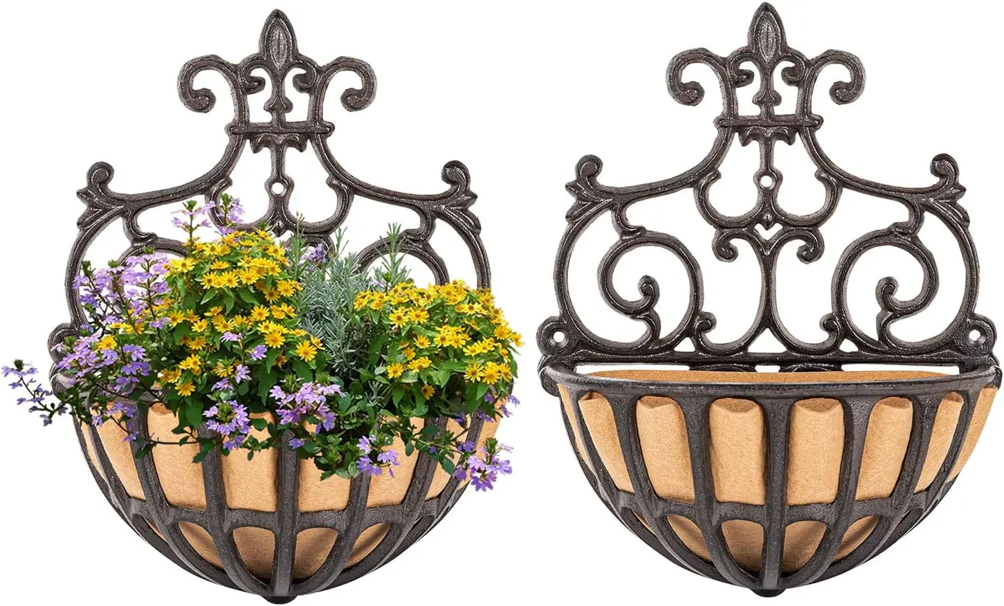

2 Pack Small Cast Iron Wall Hanging Baskets with Fabric Liner for Flowers and Plants