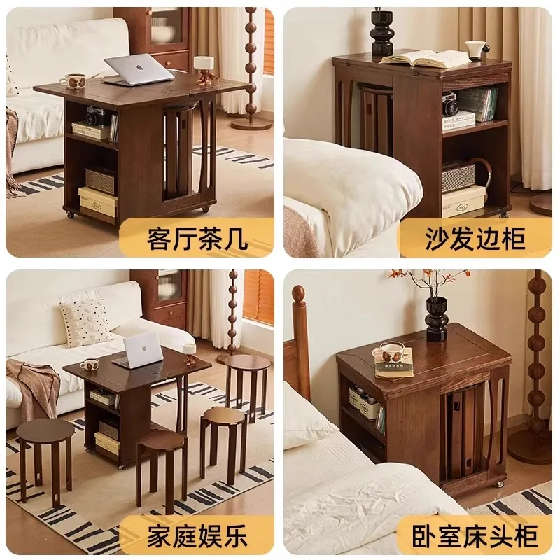 Middeleeuwse salontafel, beweegbare opvouwbare zijkant, paar trolleys, woonkamer