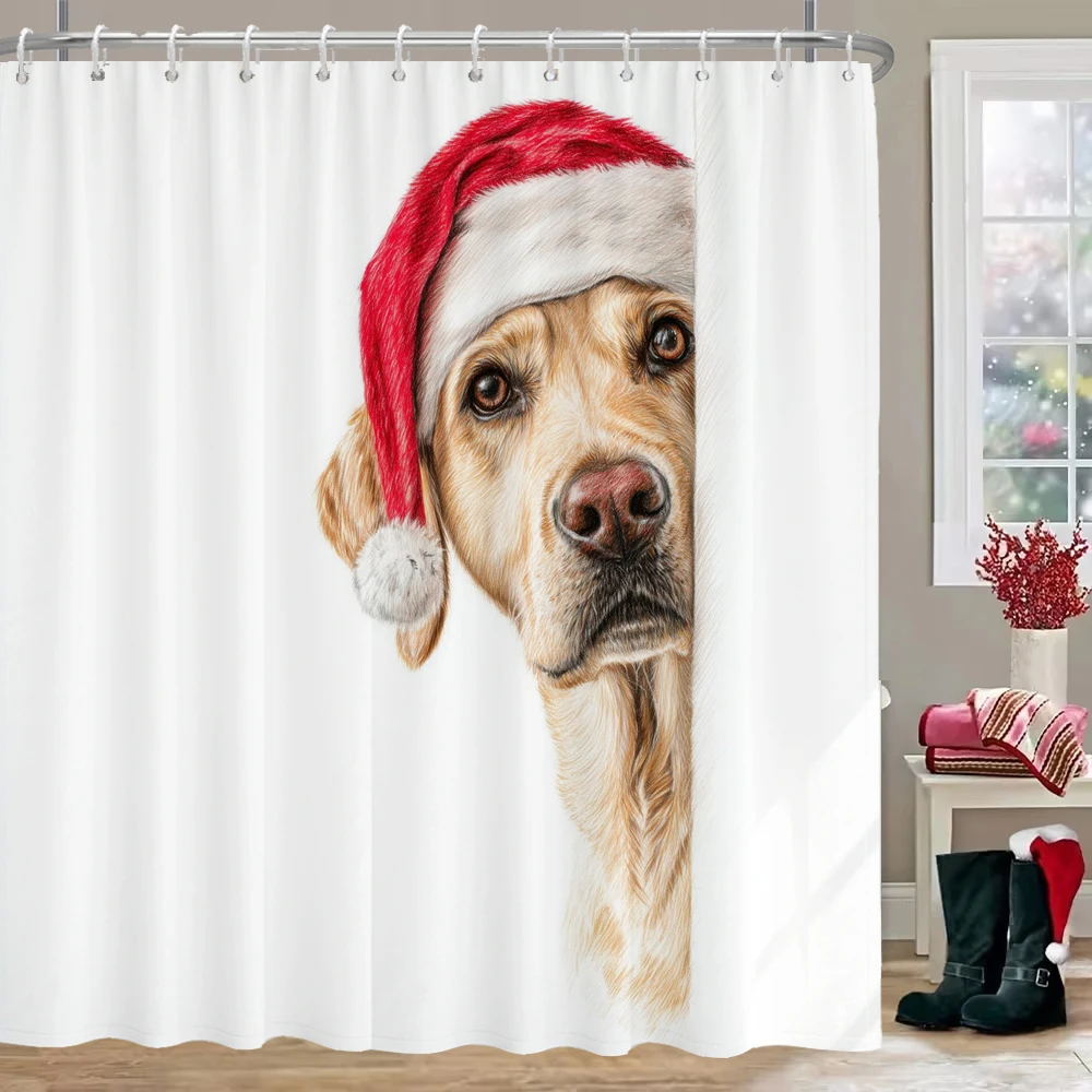 

1pc Christmas cat and dog Print Shower Curtain Bathe Partition Hanging Curtain with 12 Hooks Multiple Sizes Machine Washable