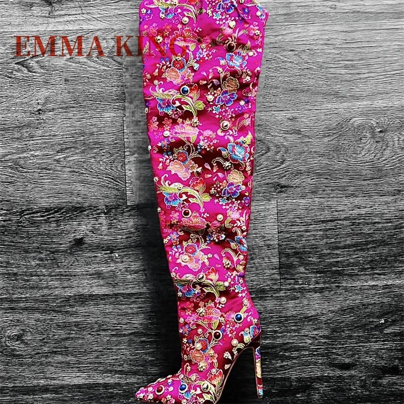 الأزهار التطريز فوق الركبة الأحذية مثير الإناث الخريف أشار تو الفخذ أحذية عالية الأحجار الكريمة التفاصيل أحذية الحفلات للمرأة #4