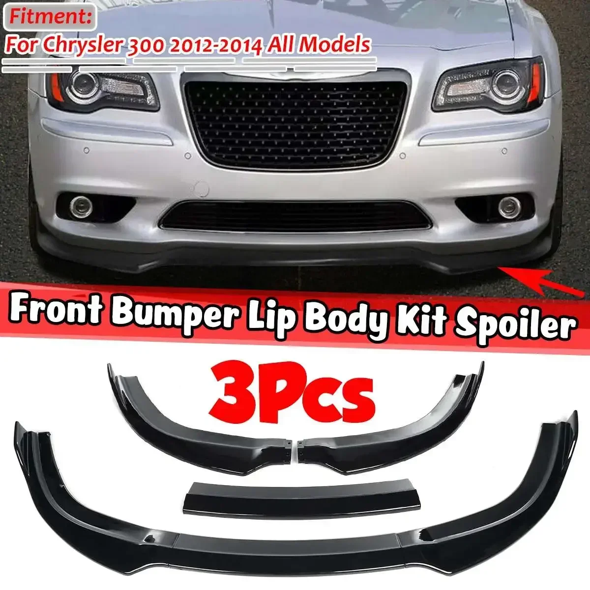 3Pieces Car Front Bumper Lip Splitter Diffuser Spoiler Cover Fins Body Kit Guard Deflector Lips For Chrysler 300 SRT8 2012-2014