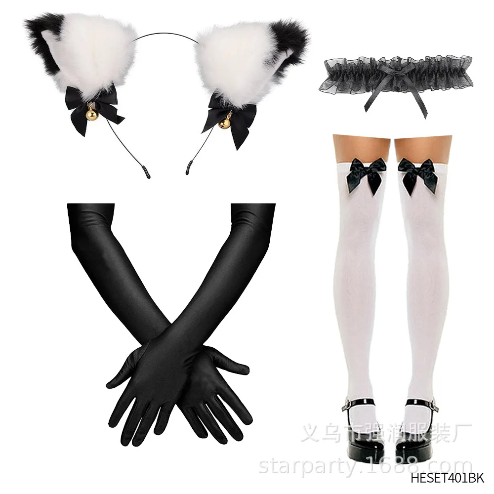 Cat Girl Costume Accessories Set Cats Ear Headband Lace Collar Gloves Socks Suit Women Halloween Cosplay Performance Props