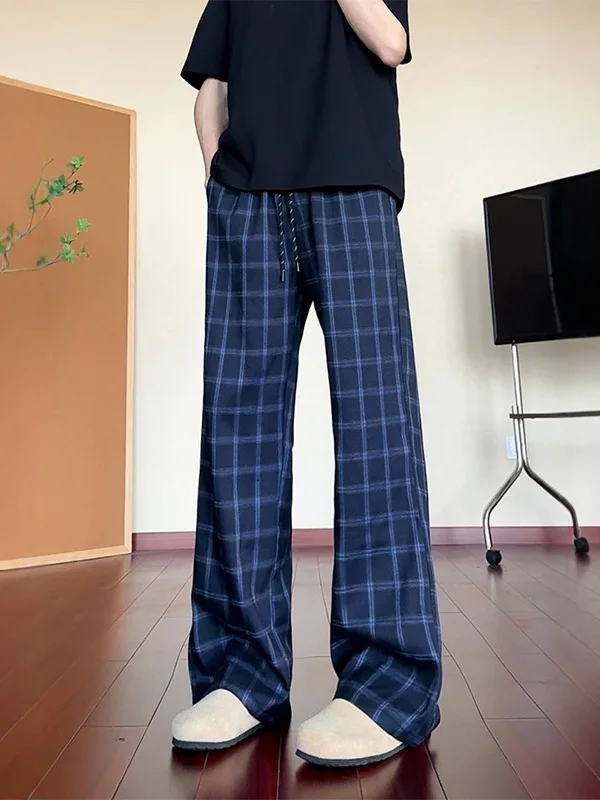 

Модные приталенные брюки в клетку синего цвета в американском стиле, струящиеся, с эффектом высокого качества, стильные, прямые, с высокой посадкой, из микрофибры.