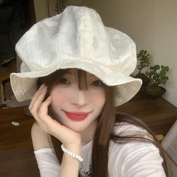 Korean Oversized Octagonal Cloud Hat Big Head Solid Color Spring and Autumn Retro Flower Jacquard Bucket Cap Women Sweet Beret