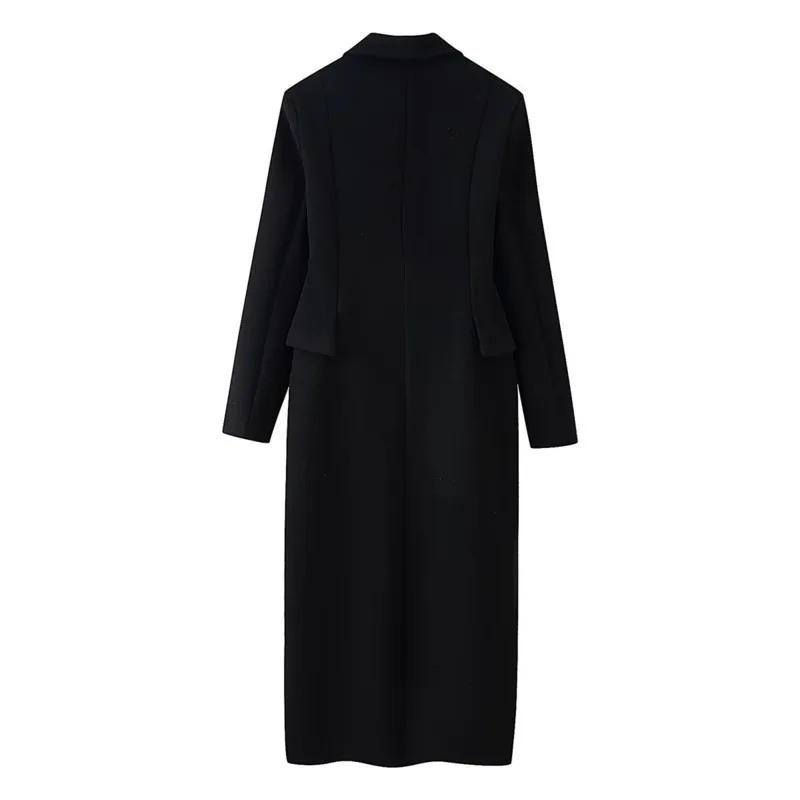 EAEOVNI Jesienno-zimowy długi płaszcz wełniany, kurtka z klapami, zapinana na guziki, marszczona w talii, jednolity kolor, odzież biurowa dla kobiet