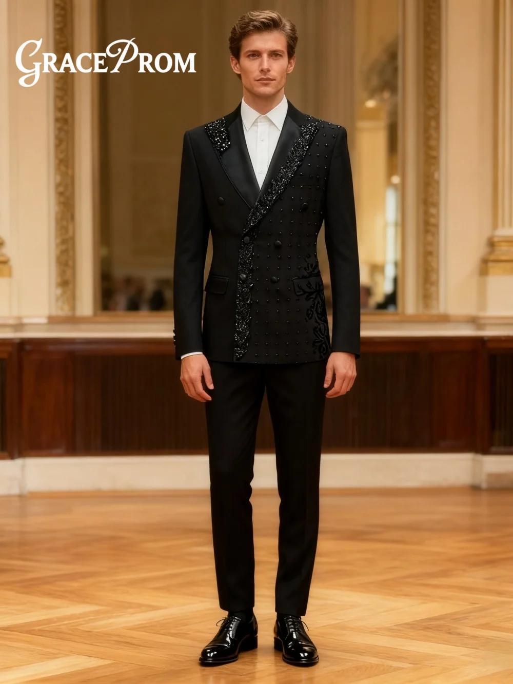 

Роскошный двубортный мужской костюм, комплект из 2 предметов для свадьбы, классический костюм жениха, костюм для вечеринки, пиджаки, брюки, изысканные мужские костюмы с кристаллами