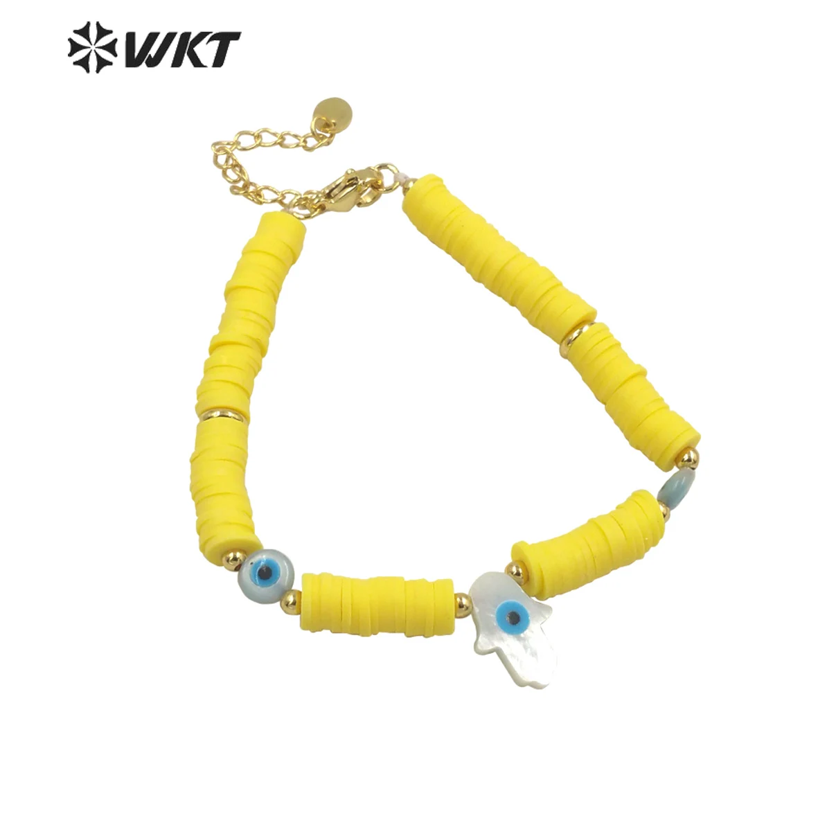 

WT-MPB062 Brightly Color Yellow Beads Hamsa Eye Bracelet Fashion Vintage 6mm Strand Palm Charms ACC With Clasp