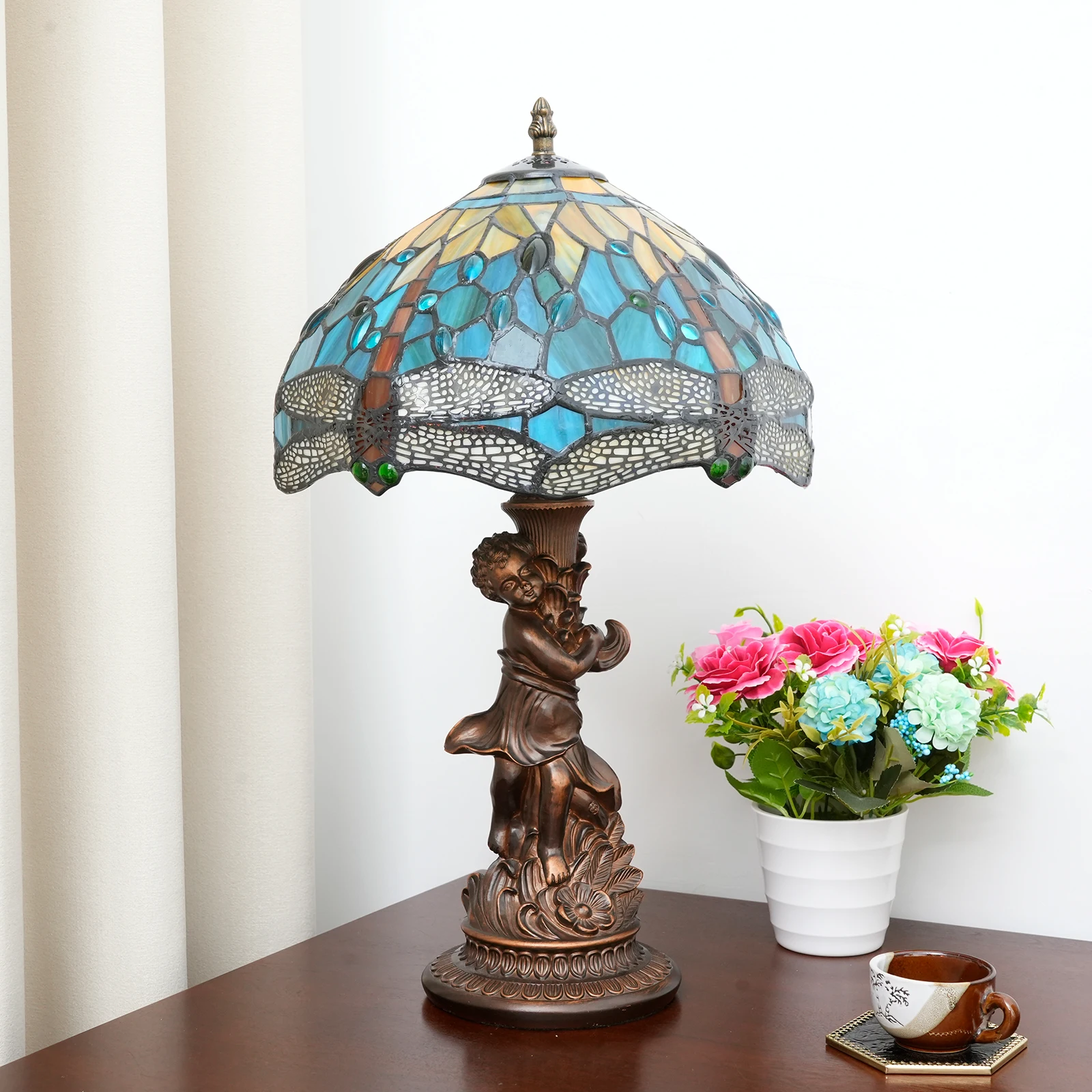 Boy's Desk Lamp Base Stained Glass Table Lamp 12-inch Dia Ocean Blue Dragonfly Design Lampshade Vintage Light for Bedroom Office