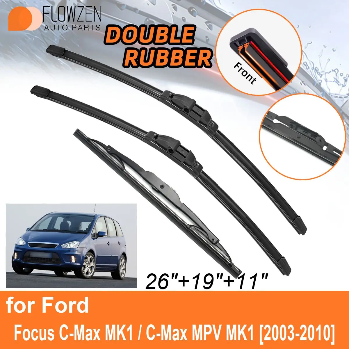 Double Rubber Car Wiper Blades for Ford Focus C-Max MK1 / C-Max MPV MK1 2003-2010 Rear Blades Accessories 2007 2008 2009 2010