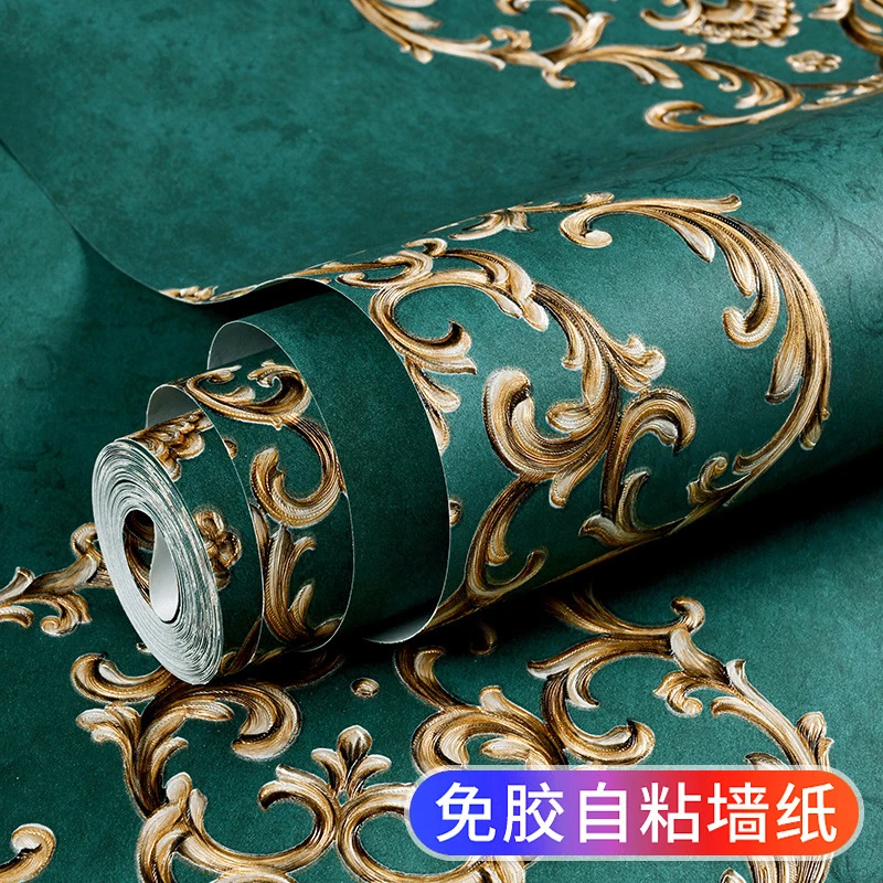 

European 3D Embossed Wallpaper Self Adhesive Damascus Dark Green Wall Paper Bedroom Living Room TV Background Wall Home Mural