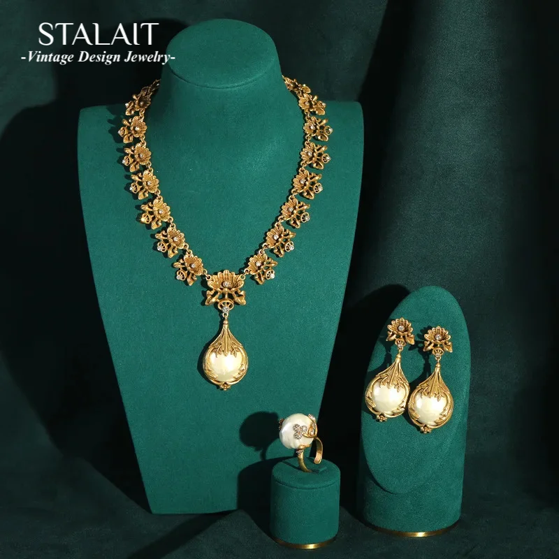 

High Luxury Romantic Drop Baroque Pearl Pendant Vintage Jewelry Sets Cooper Flower Necklace Earring Ring Women Wedding Bride