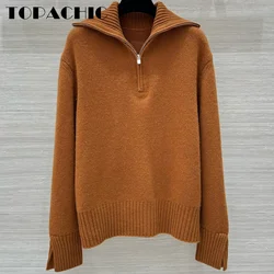 5.8 TOPCHIC-Women Solid Color Half Zipper Lapel Cashmere Knitwear Cuff Split Soft Comfortable All-matches Knitted Sweater